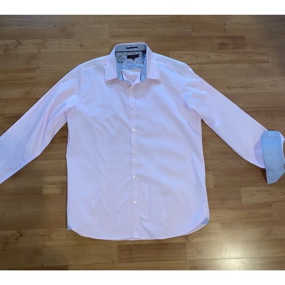 Ted Baker Shirt Mens 3 Small Pink White Geometric‎ Button Down Cotton Flip Cuff - Picture 2 of 10